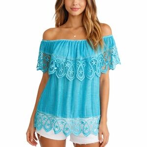 Made in Italy Turquoise Lace
Trim Off Shoulder Tunic Top Cotton Blend
